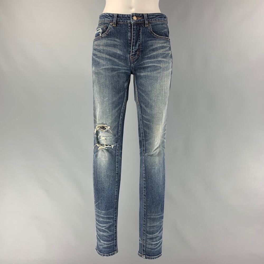 SAINT LAURENT Size 26 Blue Cotton & Elastane Distressed Skinny Jeans